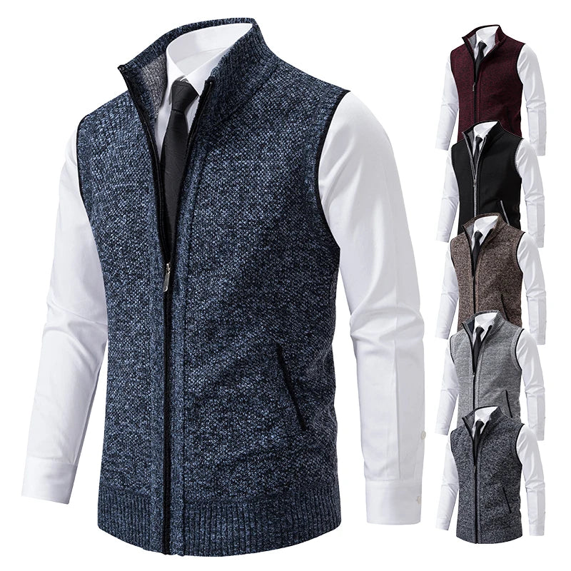 Light grey men's knitted vest with high collar, zipper, and velvet wool fabric, from Corporación Turística.