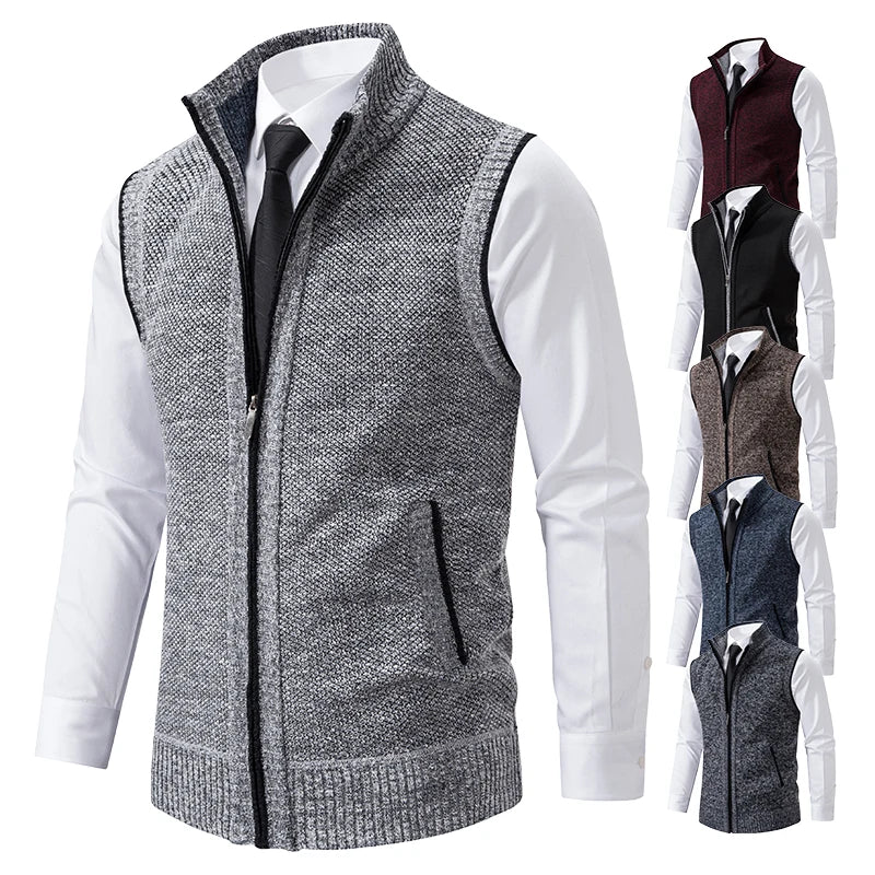 Light grey men's knitted vest with high collar, zipper, and velvet wool fabric, designed by Corporación Turística.