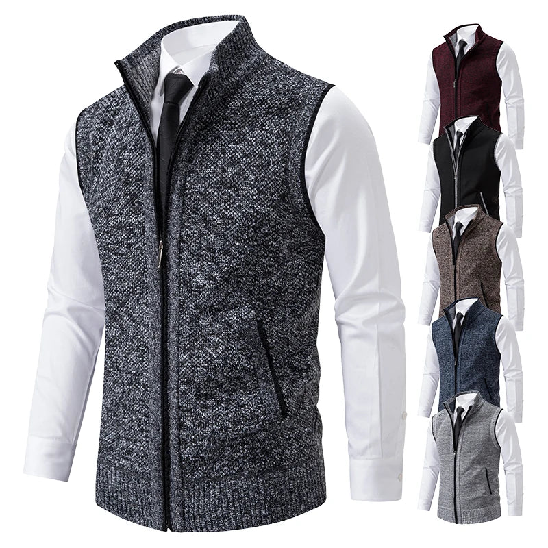 Light grey men's knitted zip-up vest with high collar, made of velvet wool, from Corporación Turística, size XL.