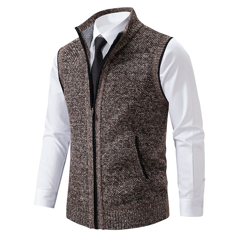 Light grey men's knitted vest with high collar, zipper, and velvet wool fabric from Corporación Turística, size XL.