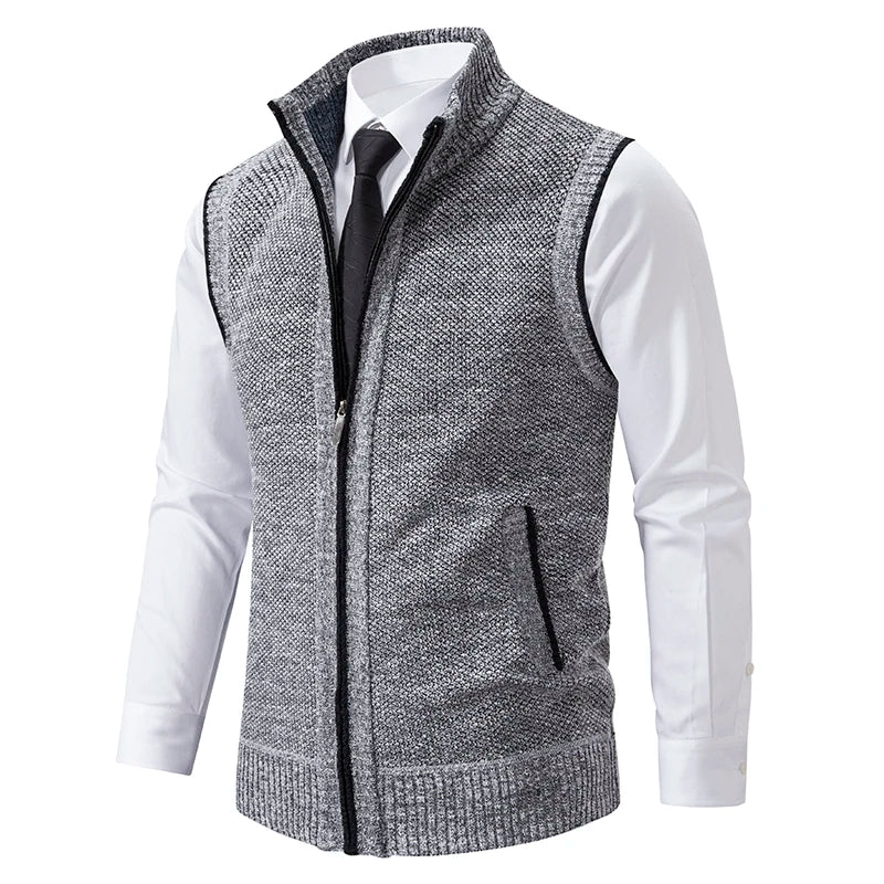 Light grey men's knitted vest with high collar, zipper, made of velvet wool, from Corporación Turística.