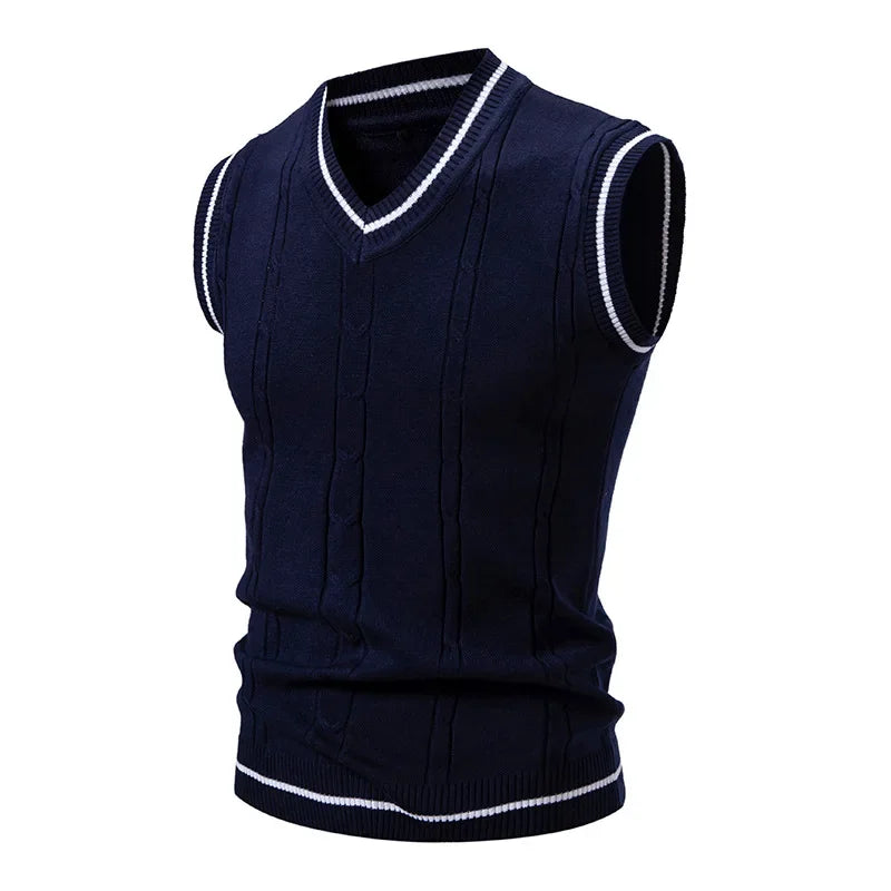 Navy V-neck men's woven sleeveless vest by Corporación Turística, slim fit casual patchwork design, style for smart everyday wear.
