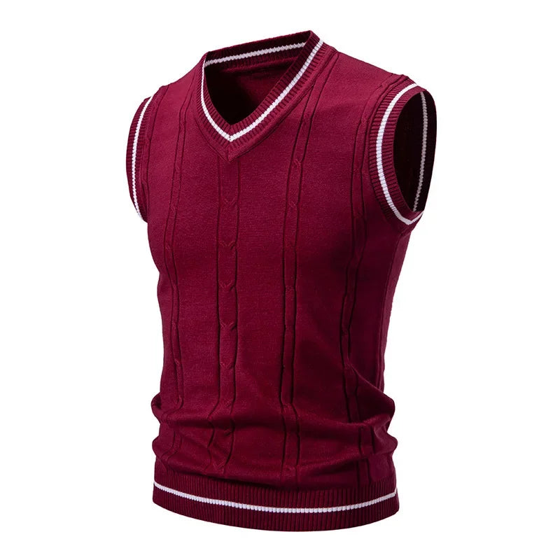 Navy V-neck men's knitted vest by Corporación Turística, casual slim fit patchwork design, perfect for stylish men's fashion.