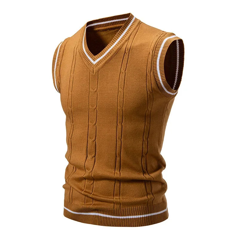 Navy V-neck knitted men's vest by Corporación Turística, slim fit, casual patchwork design, suitable for smart everyday style.