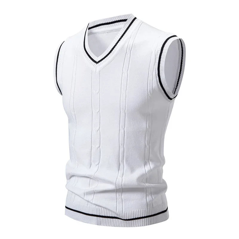 Navy V-neck knitted men's vest by Corporación Turística, slim fit patchwork casual style, suitable for smart everyday wear.