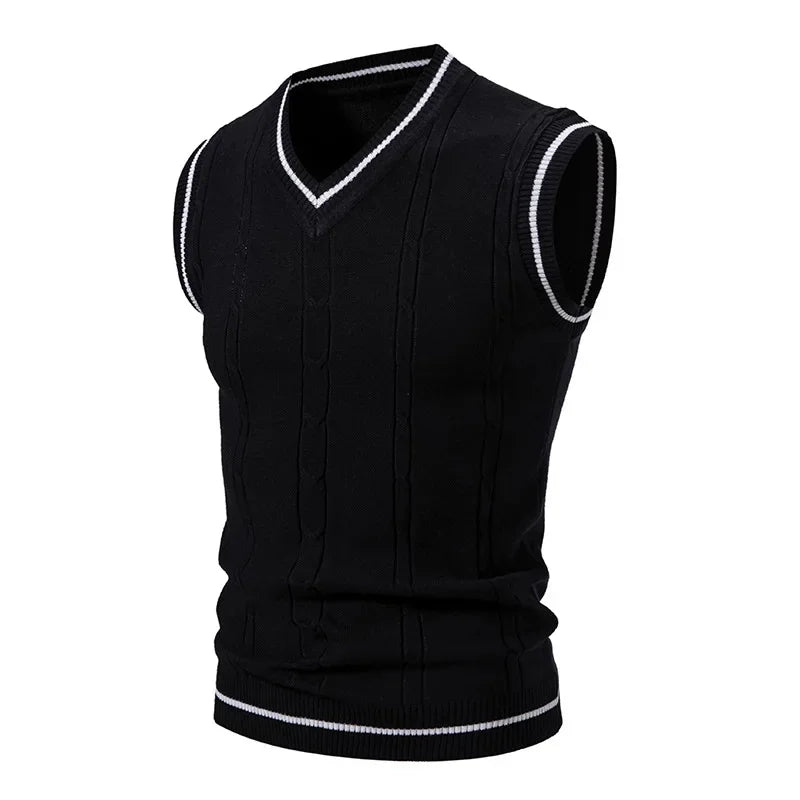Navy V-neck knitted men's vest with patchwork design, slim fit, casual smart style, made by Corporación Turística.