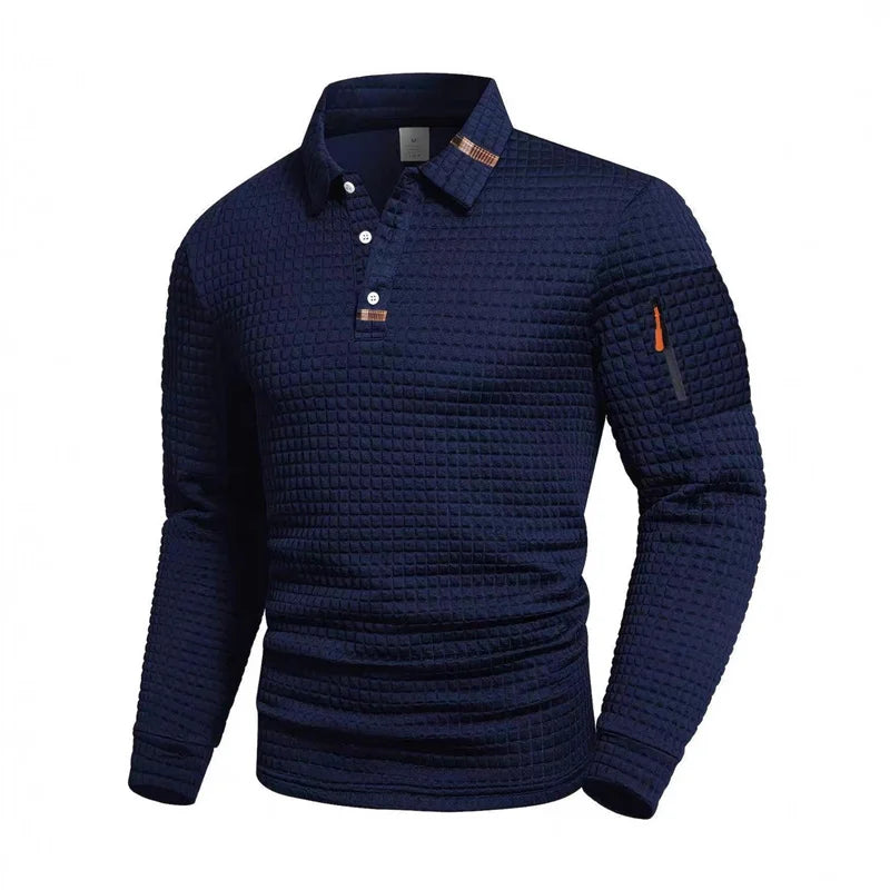 Long-sleeve white polo shirt for men with zipper collar, made by Corporación Turística, suitable for spring and fall.
