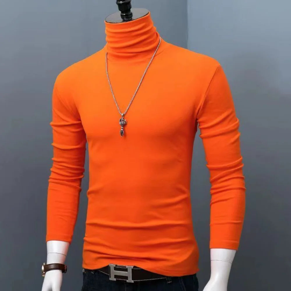 Black men's modal turtleneck sweater from Corporación Turística, slim fit, casual winter clothing, suited for cold weather.