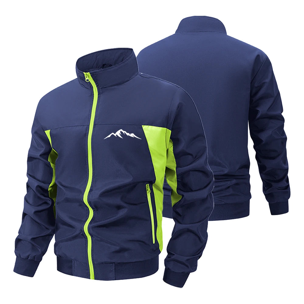 Navy and green men's windbreaker jacket from Corporación Turística, suitable for mountain hiking, urban style, gym, and running.
