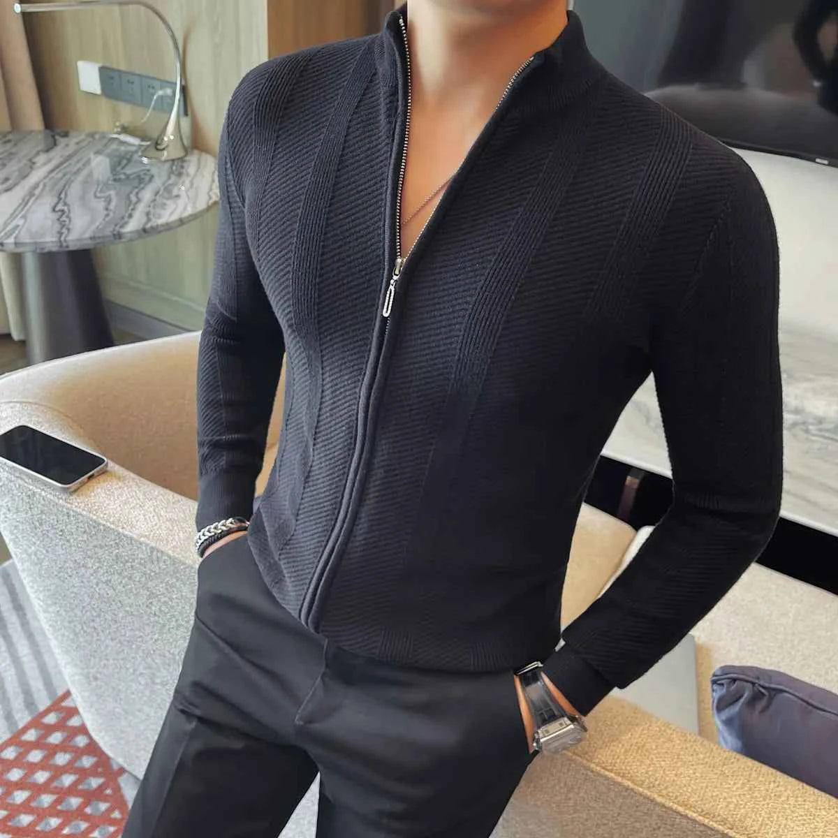 White men's winter cardigan sweater by Corporación Turística, cozy and stylish for cold weather, casual layered look.