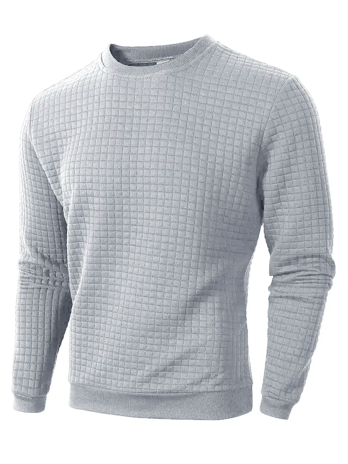 Light gray men's jacquard crew neck sweater by Corporación Turística, warm and cozy autumn knitwear for men.