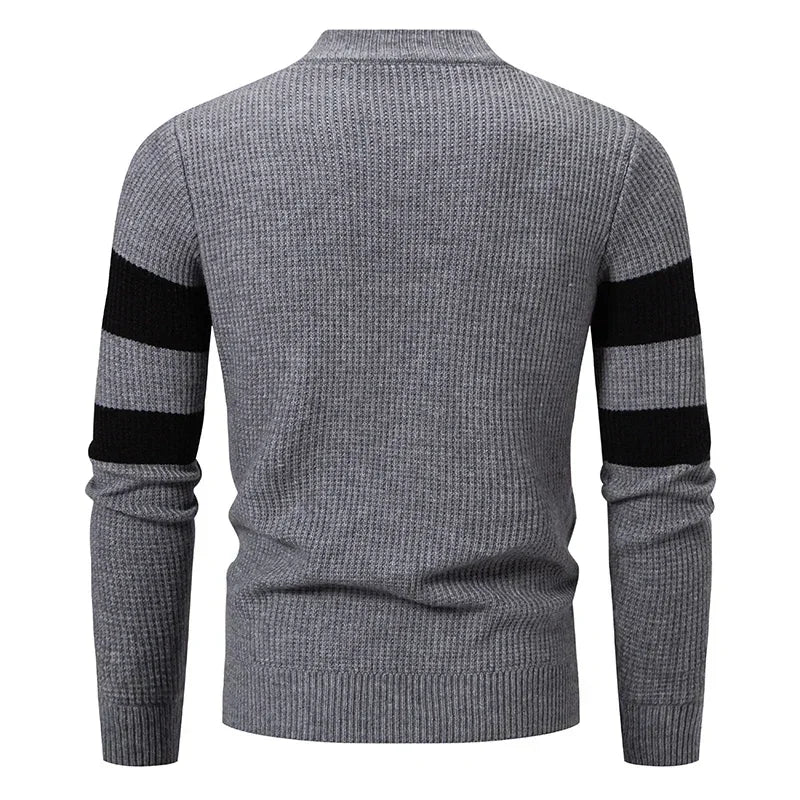 Black men's casual sweater by Corporación Turística featuring warm autumn and winter color block design, size one.