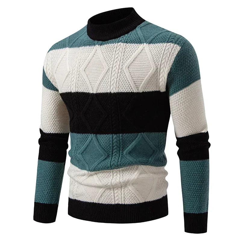 Black men's casual autumn winter sweater with color block design, warm knit, and relaxed fit from Corporación Turística.