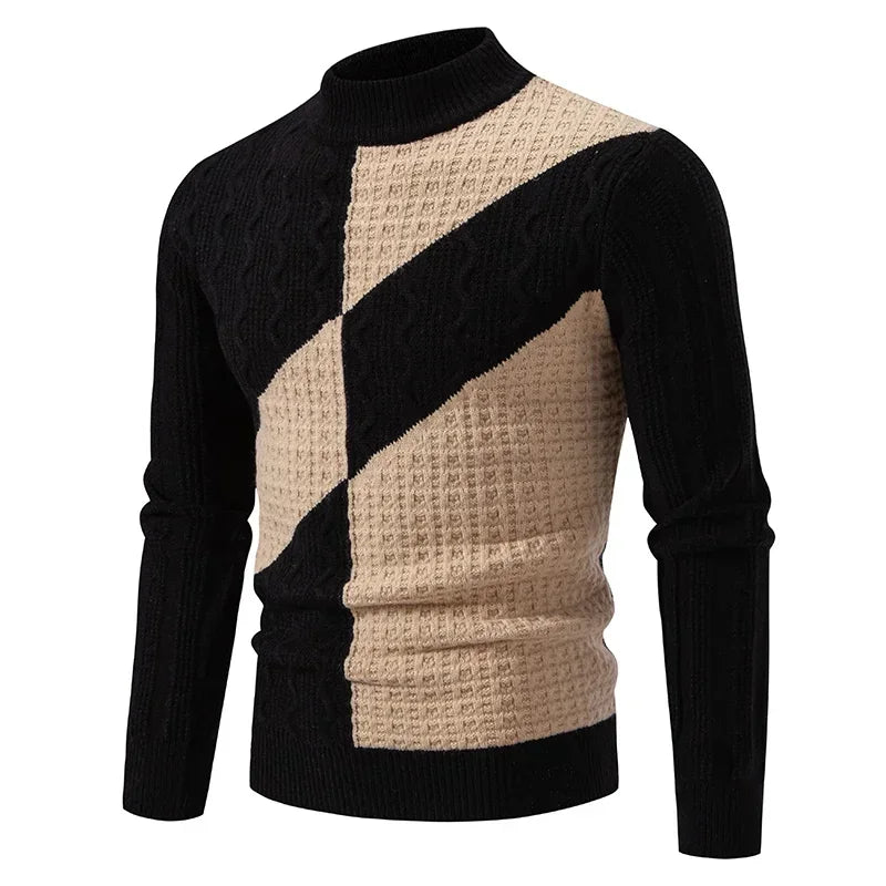 Black men's casual autumn winter sweater with color block design, warm and cozy, from Corporación Turística, one size fits all.