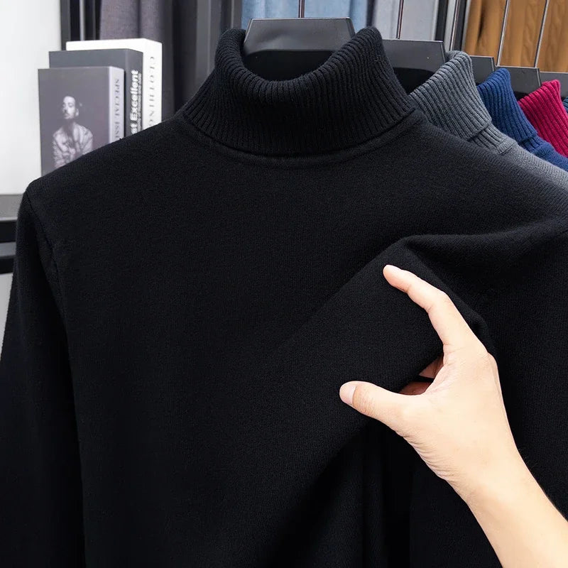 Blue men's high-neck wool sweater by Corporación Turística, perfect for fall and winter, made of premium anti-pilling knit fabric.