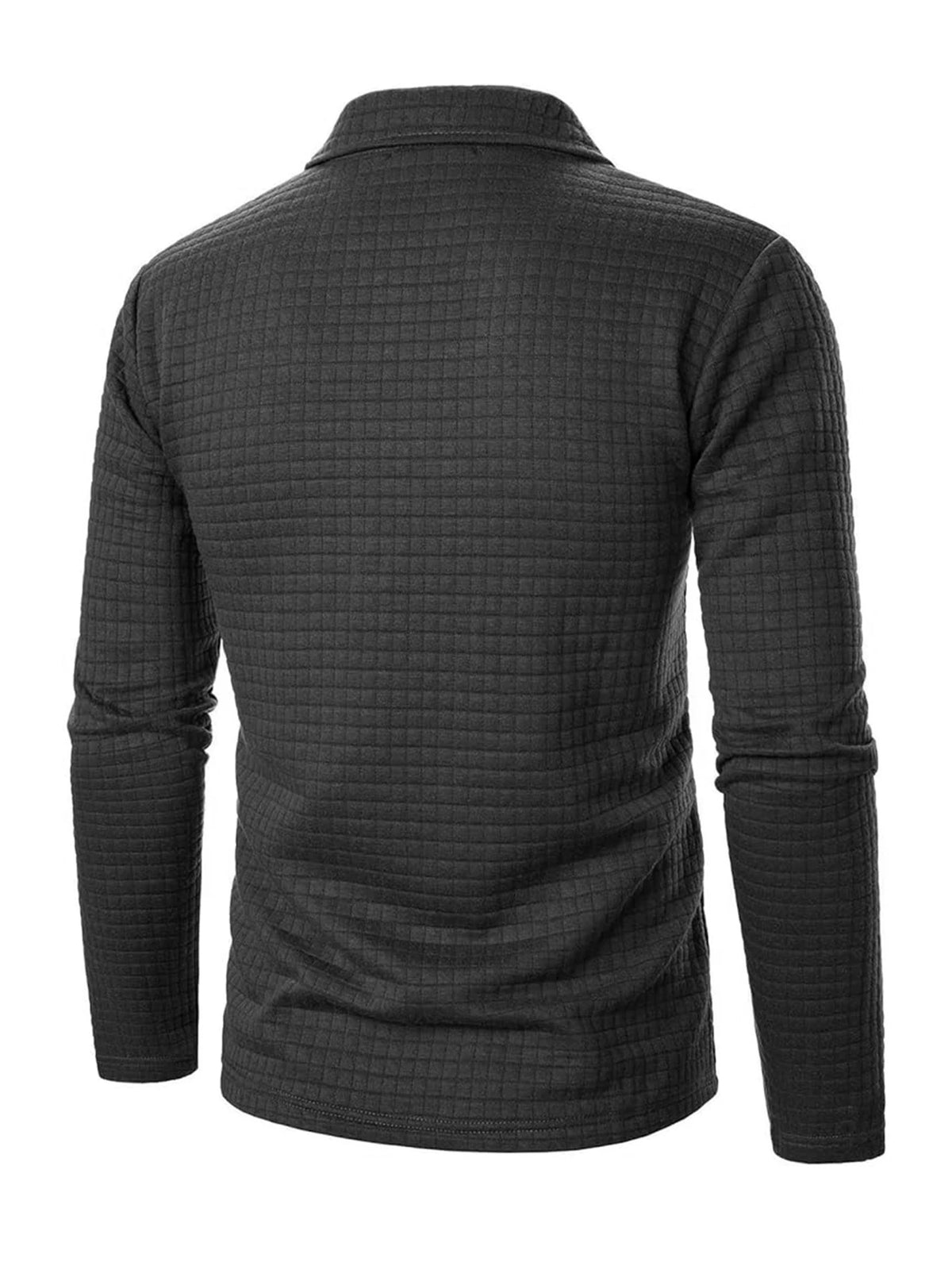 Black Jacquard plaid sweater for men, casual polo style with textured grid pattern, suitable for spring and autumn.