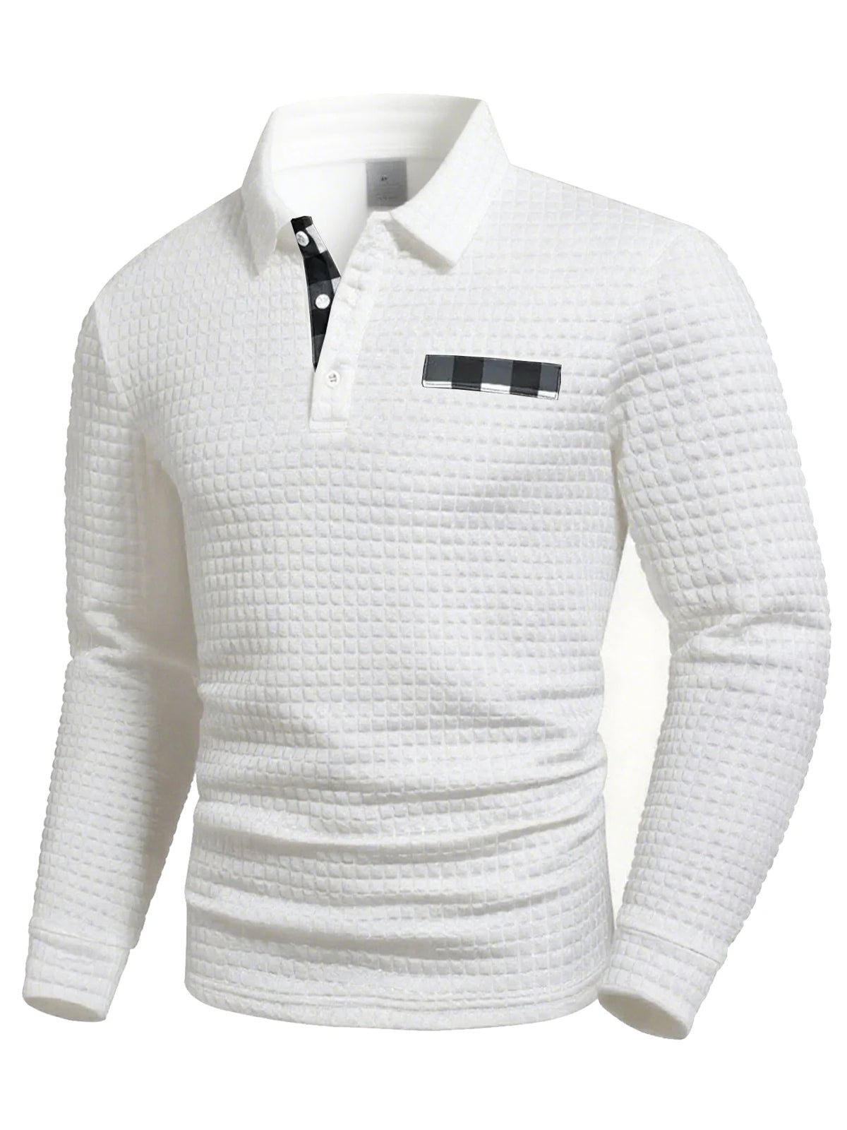 Black Jacquard plaid polo sweater for men with a textured grid pattern, suitable for spring and fall casual wear.