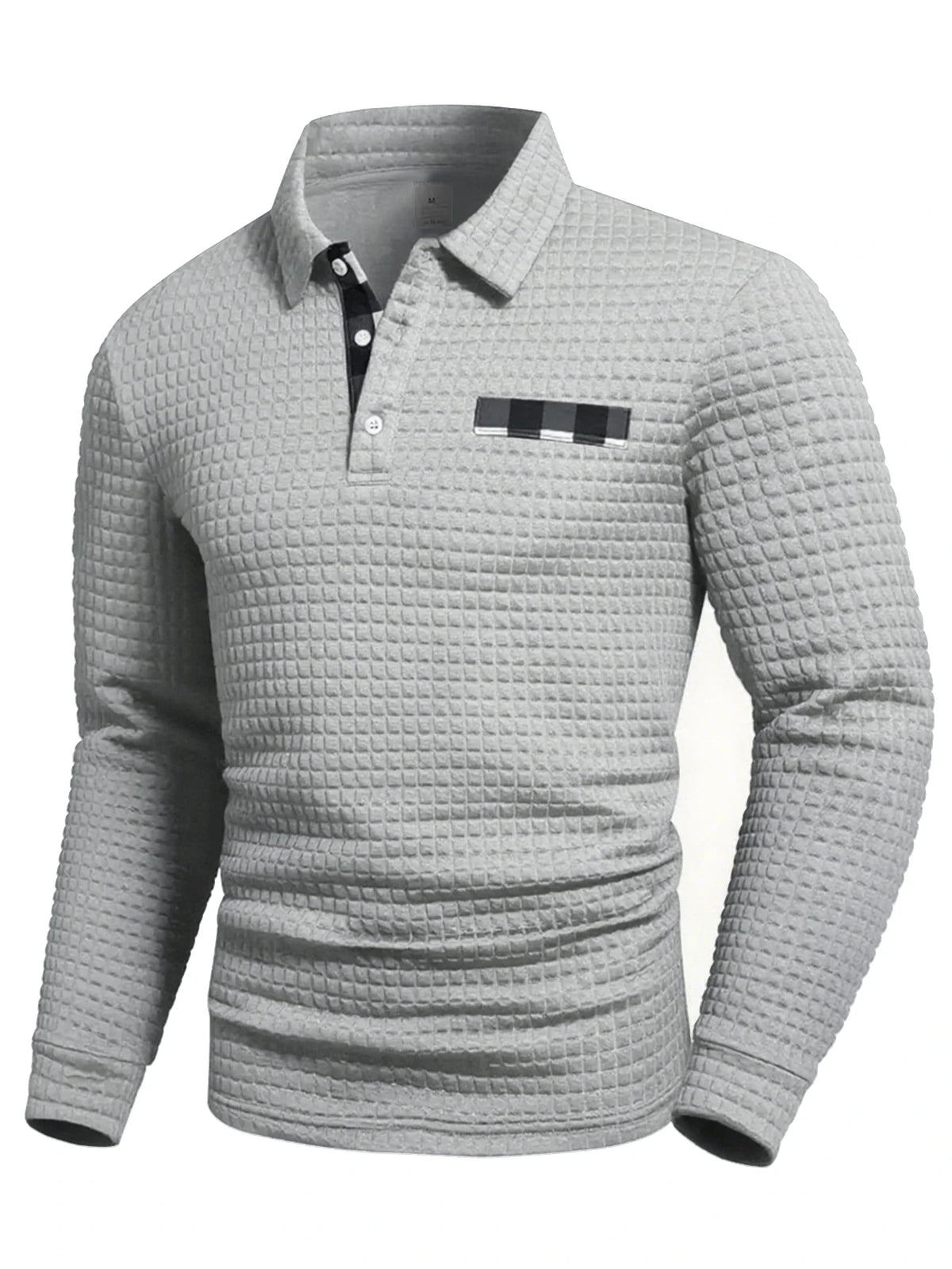 Black men's Jersey Jacquard Polo sweater with plaid pattern, casual textured grid design for spring and autumn wear.