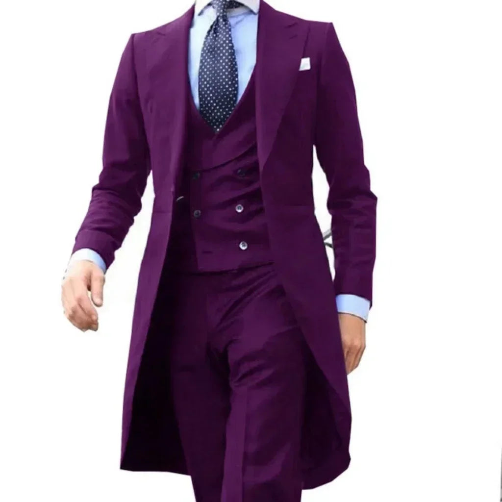 Wine red 3-piece men's formal suit with peak lapel and long tail, featuring a classic design from Corporación Turística.