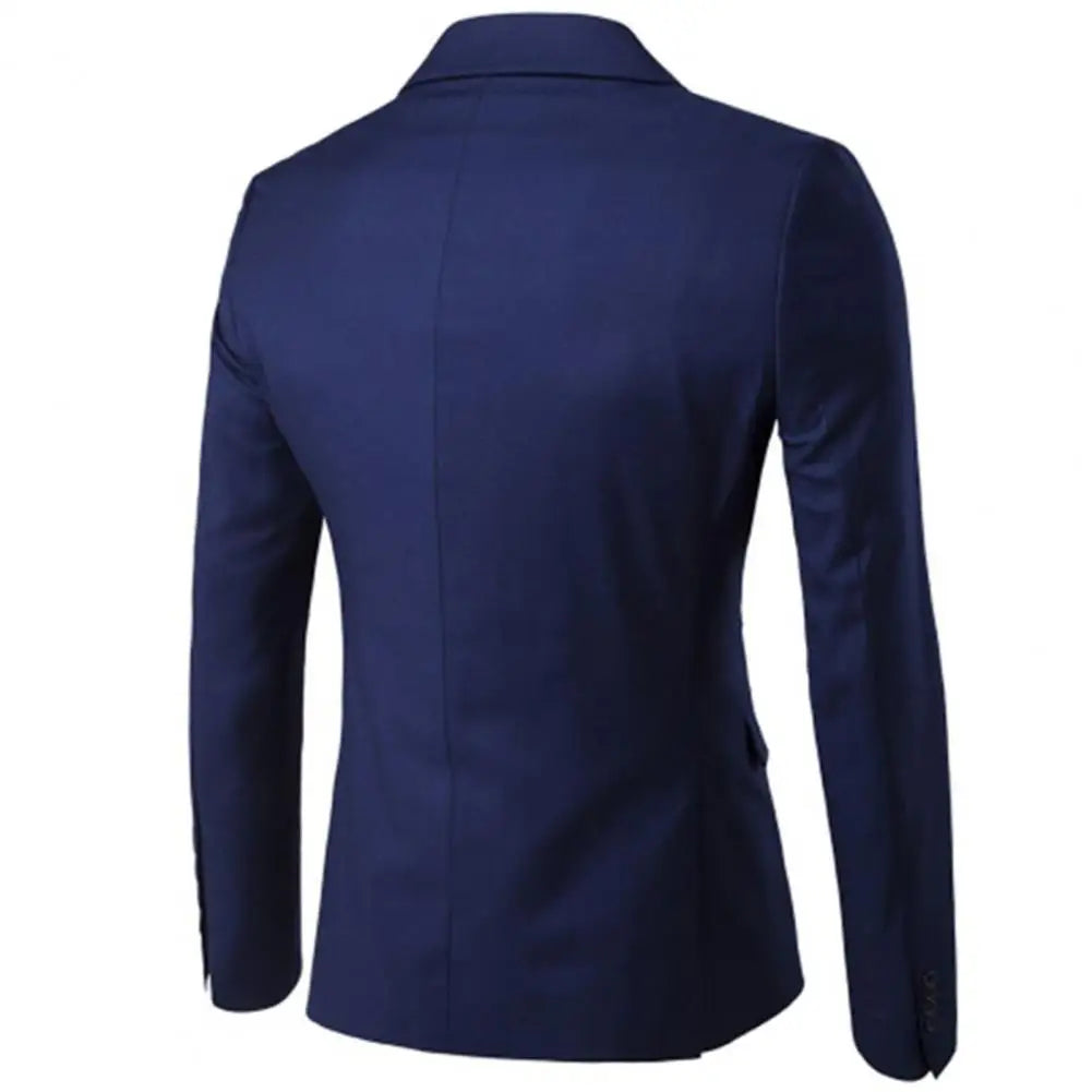 Blue men's formal 3-piece suit by Corporación Turística, stylish business attire with jacket, vest, and trousers.
