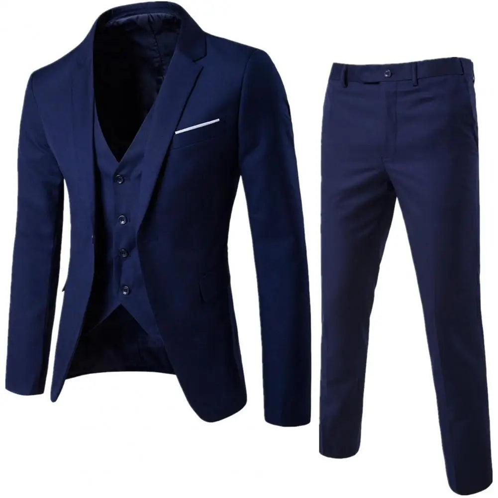 Blue men's formal 3-piece business suit by Corporación Turística, includes blazer, vest, and trousers, tailored for professional style.