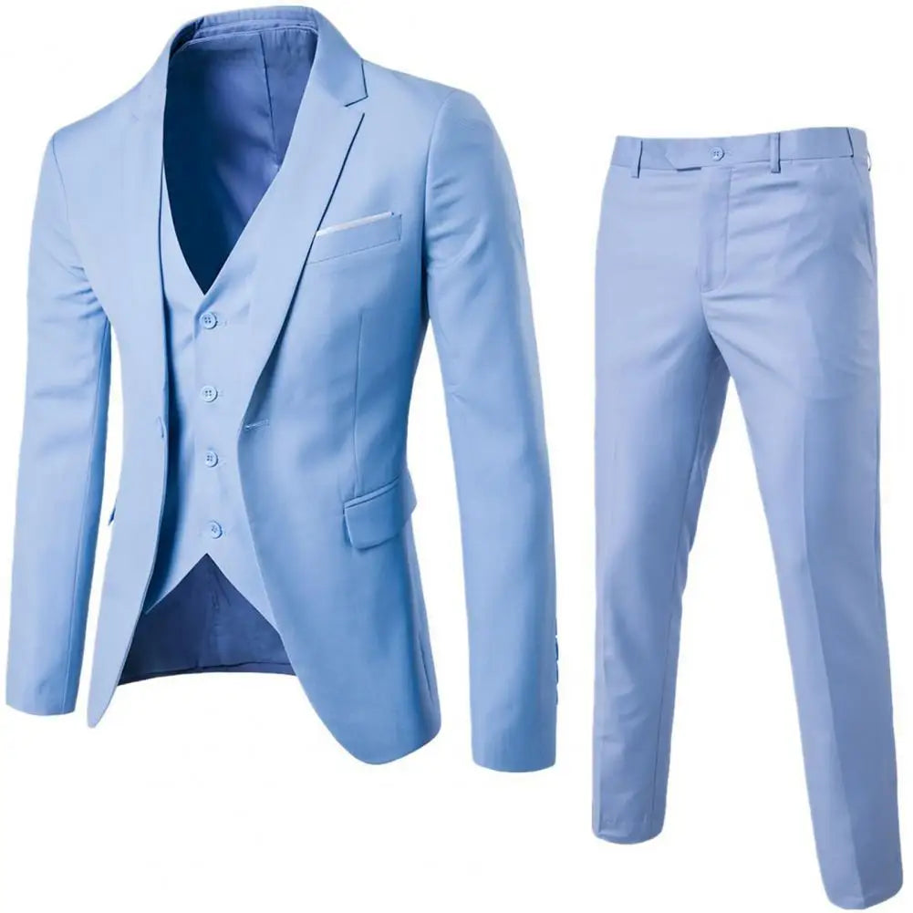 Blue men's formal 3-piece suit by Corporación Turística, stylish business attire with jacket, vest, and trousers.