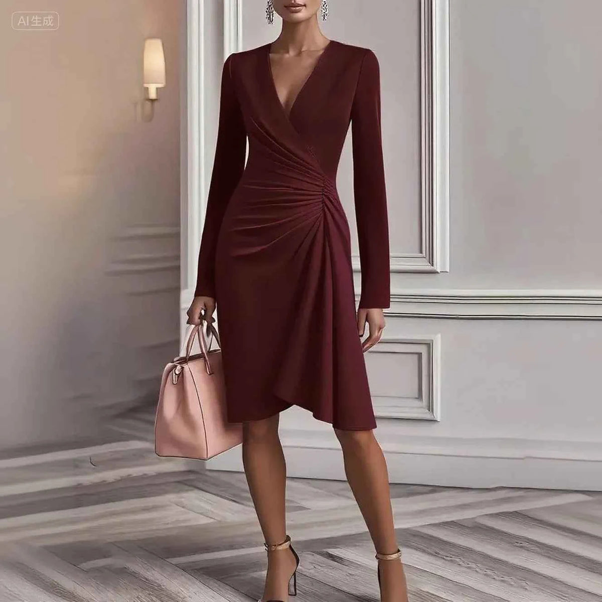 Elegant black midi dress for women with V-neck, fitted and crossover design, ideal for office or formal occasions.