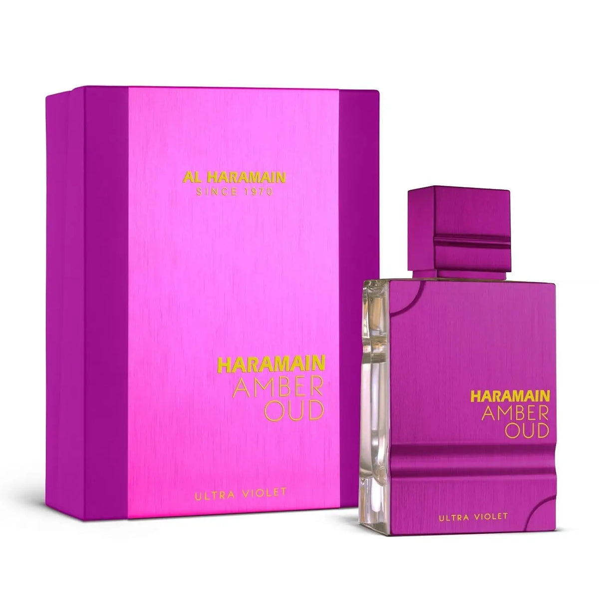 Al Haramain Amber Oud Ultra Violeta perfume Arab scent in a 60ml pink bottle, featuring floral and oud notes.