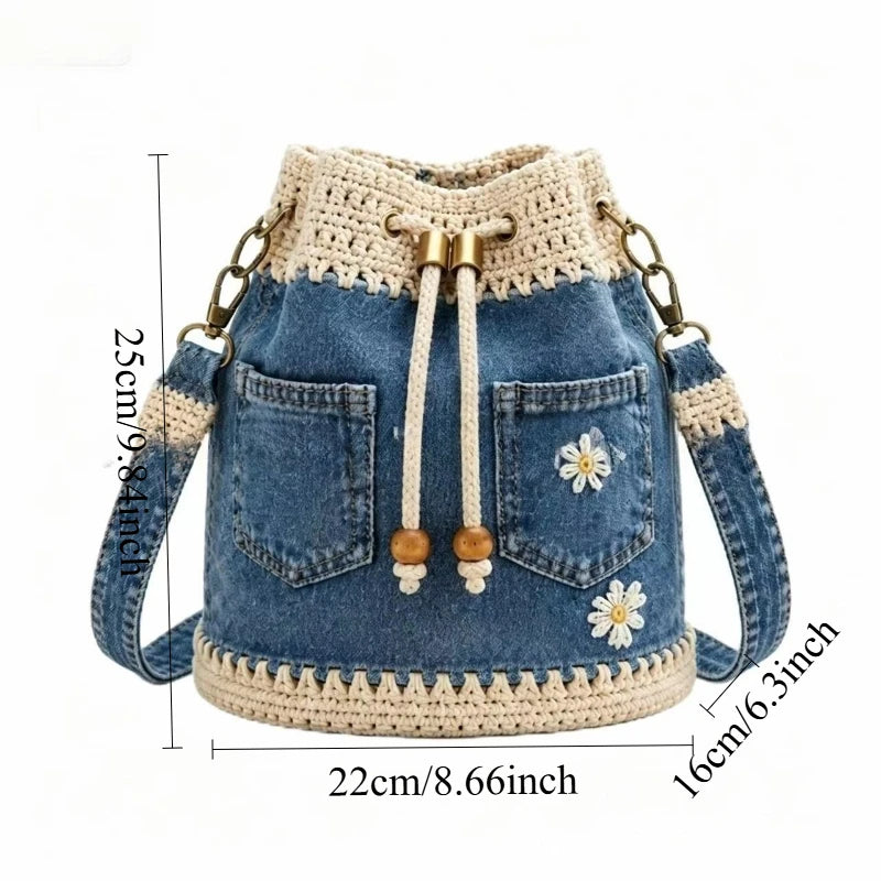Pink crochet woven shoulder bag made of denim fabric with a drawstring closure, stylish and casual for everyday use.