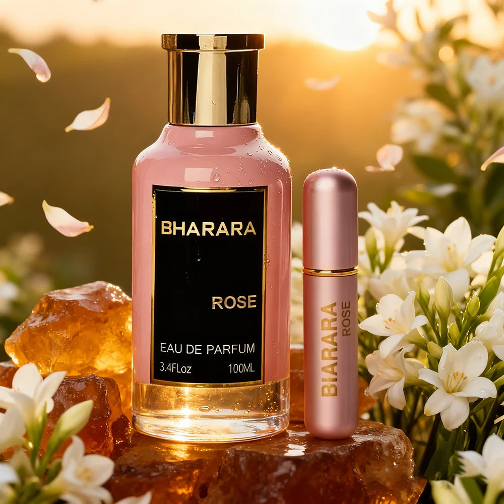 Bharara Rose Eau de Parfum for women by Corporación Turística, 100ml floral scent bottle with pink and gold accents.