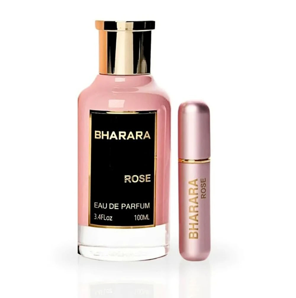 Bharara Rose Eau de Parfum for women in 100ml bottle, floral aroma, elegant packaging, by Corporación Turística.