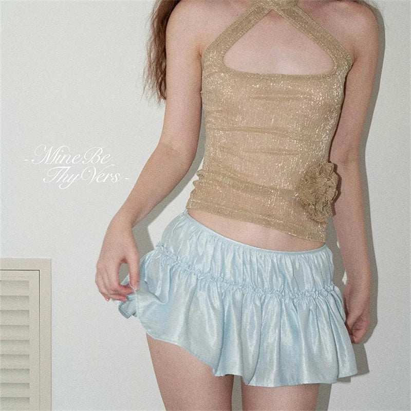 Pink elegant women's skirt with ruffles, perfect for summer Y2K fashion, by Corporación Turística.