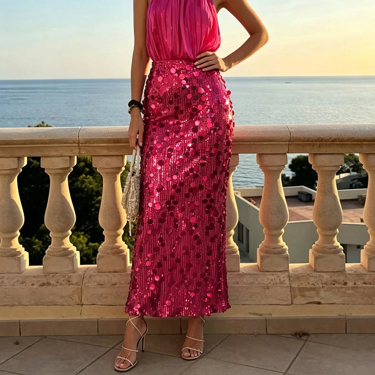 Elegant long sequin skirt for women in pink, featuring a high waist and flowing design, by Corporación Turística.