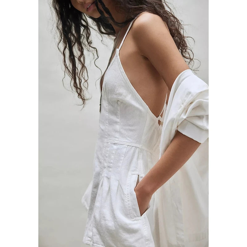 Pink retro Y2K denim short jumpsuit for women with cue, featuring a summer casual style and vintage-inspired design.