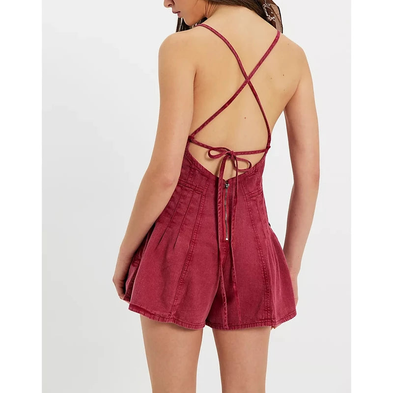Pink retro Y2K denim short jumpsuit for women, featuring a summer style with a cue neckline and casual fit.