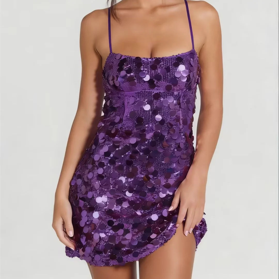Mini shiny dress for women with embroidered sequins, featuring a bright pink color and stylish design.