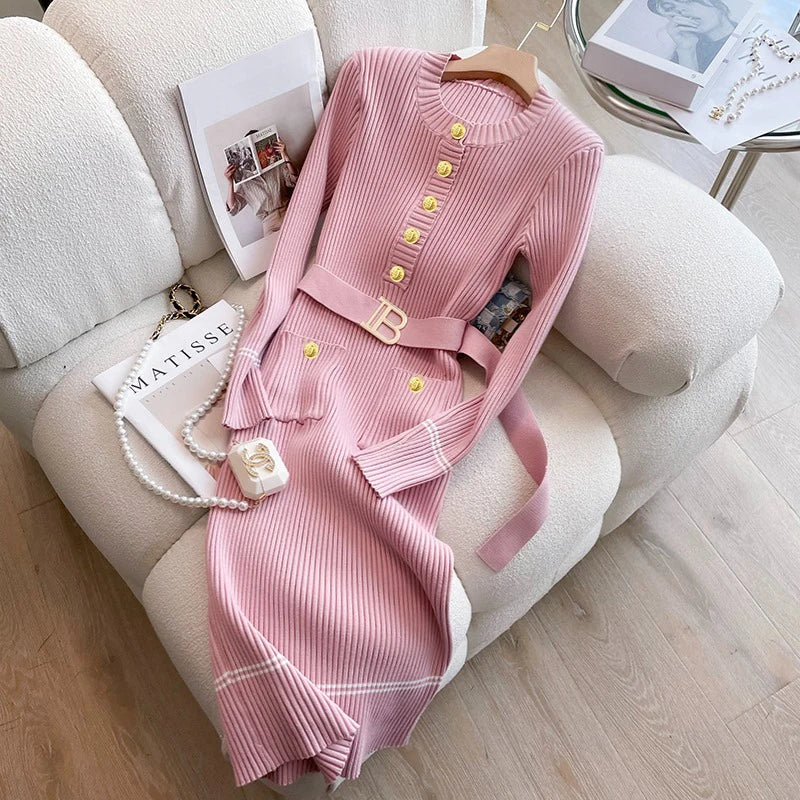 Pink YuooMuoo 2025 autumn-winter women's knit dress, soft fabric, casual style, brand logo visible, cozy and stylish.