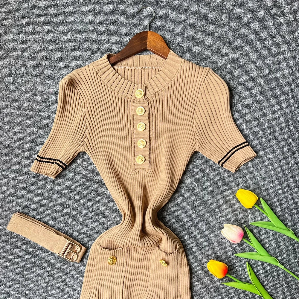 Pink YuooMuoo 2025 fall winter women's knitted dress, soft fabric, casual style, brand logo visible on the front.