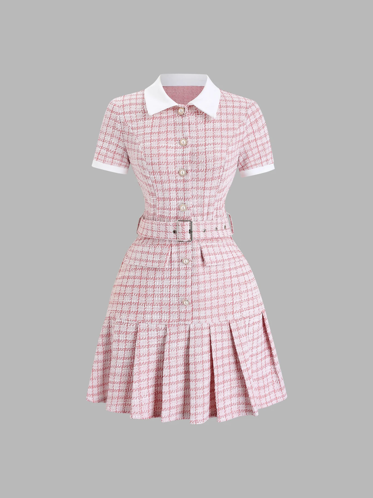 Pink plaid mini dress for women by Corporación Turística, short sleeves, fitted with a belt, casual and stylish.