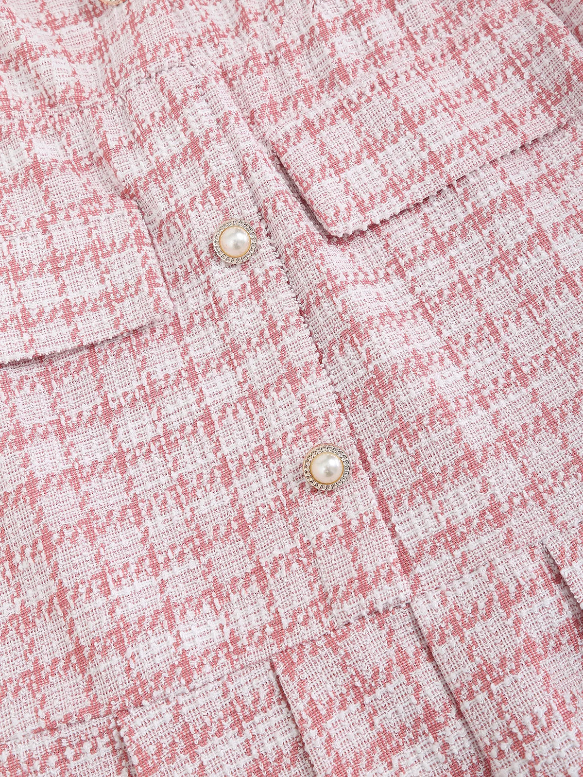 Pink plaid mini dress for women by Corporación Turística, short sleeves, with belt and casual fit.