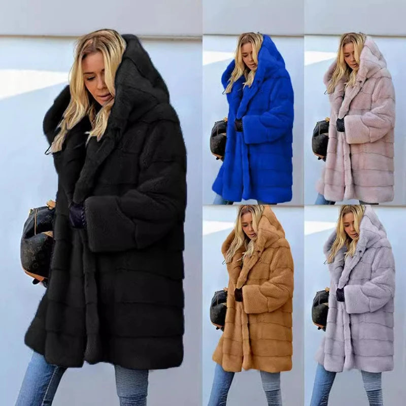 Pink women's synthetic fur coat from Corporación Turística, showcasing a warm, cozy winter jacket with a soft texture.