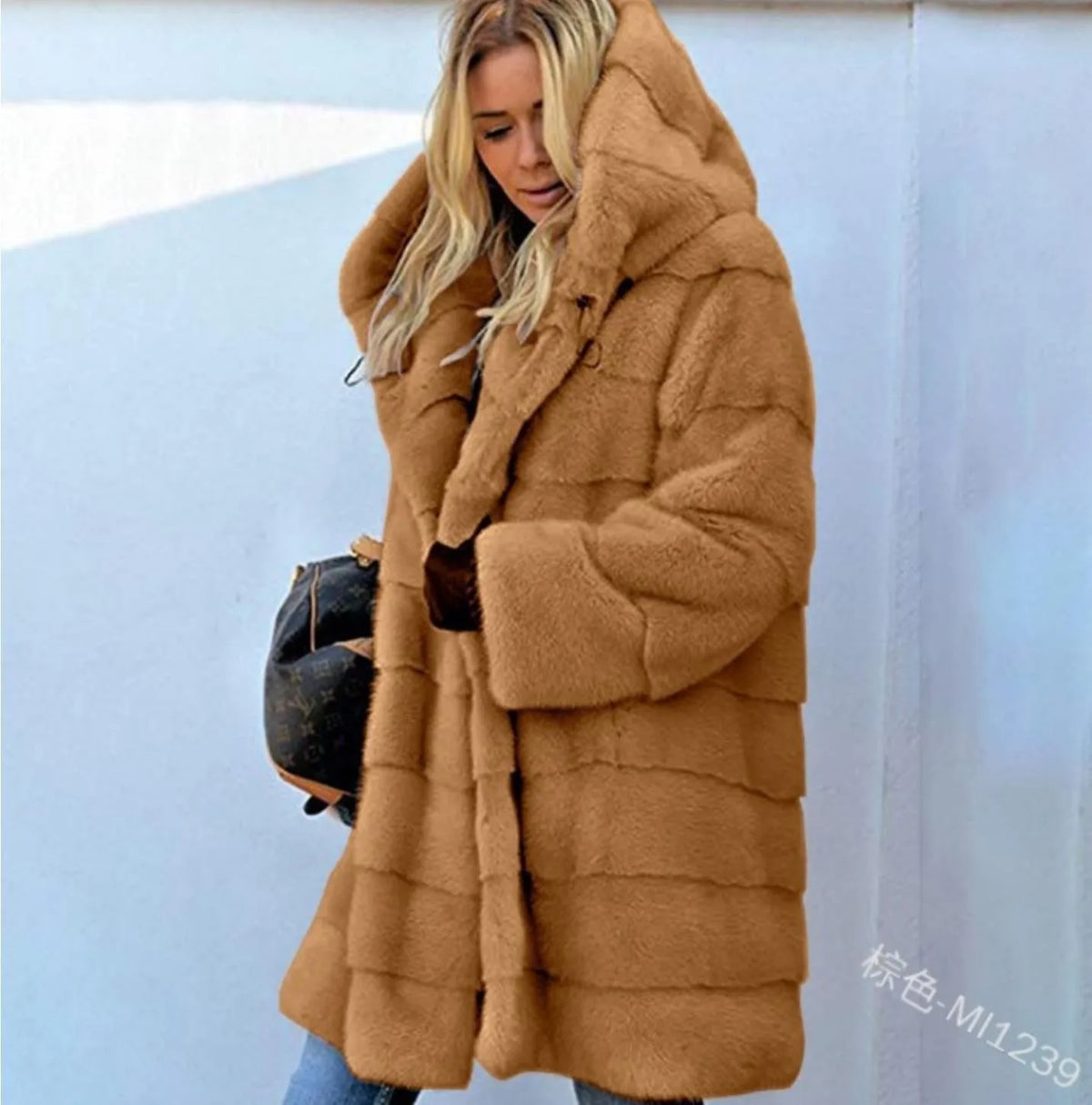 Pink synthetic fur coat for women with hoodie, warm and stylish, by Corporación Turística, shown in XXL size.