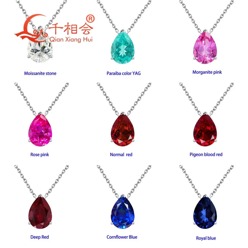 Silver 925 pendant with pink synthetic sapphire in a teardrop shape, featuring a delicate and elegant design.