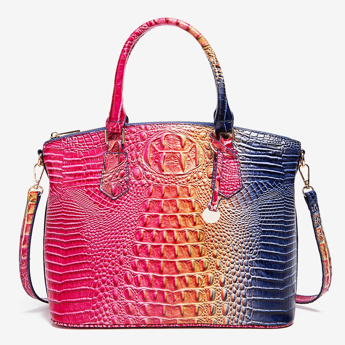 Royal blue and magenta tote bag for women with embossed design, featuring a convertible style, by Corporación Turística.
