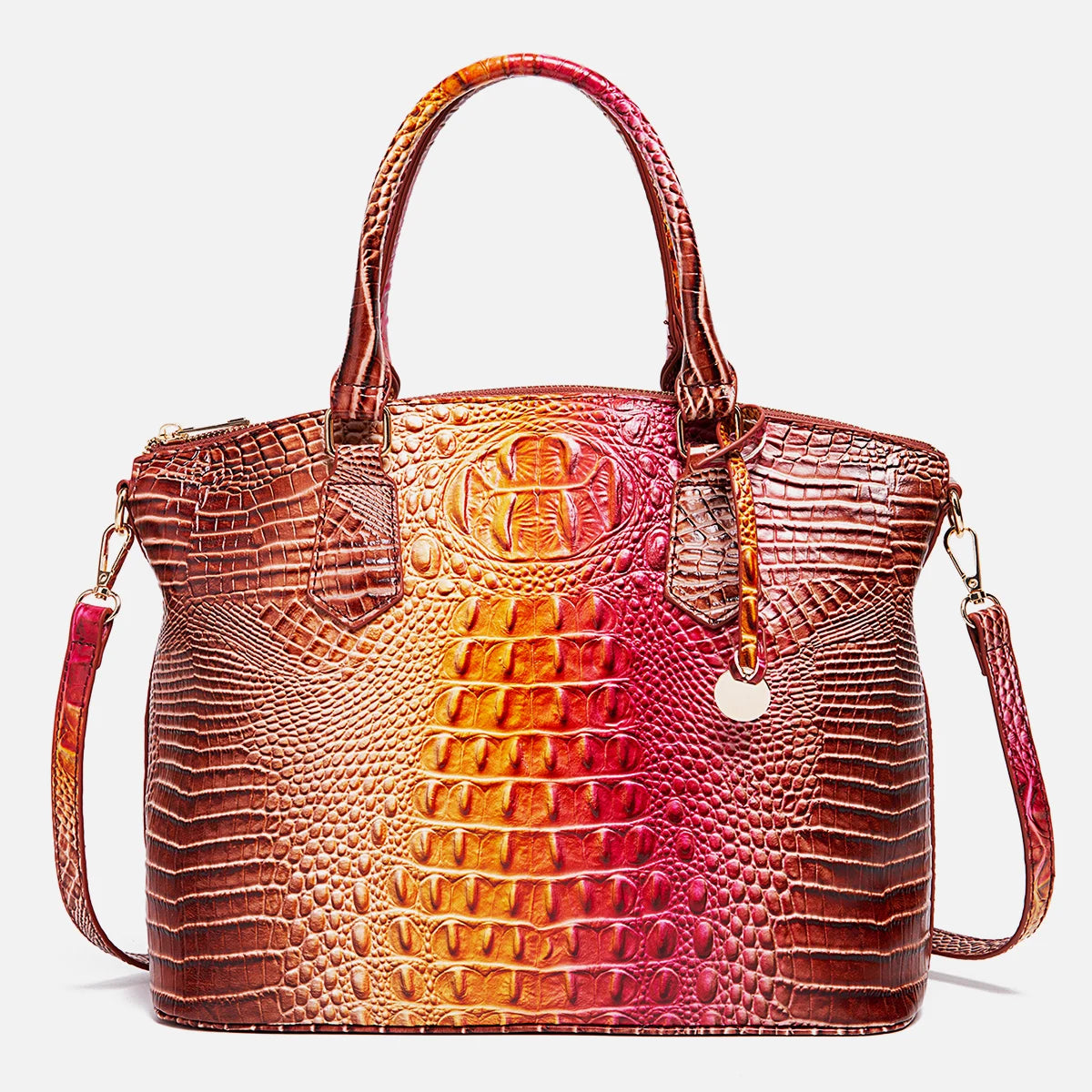 Royal blue and magenta women's tote bag with embossed design, convertible style, made by Corporación Turística.