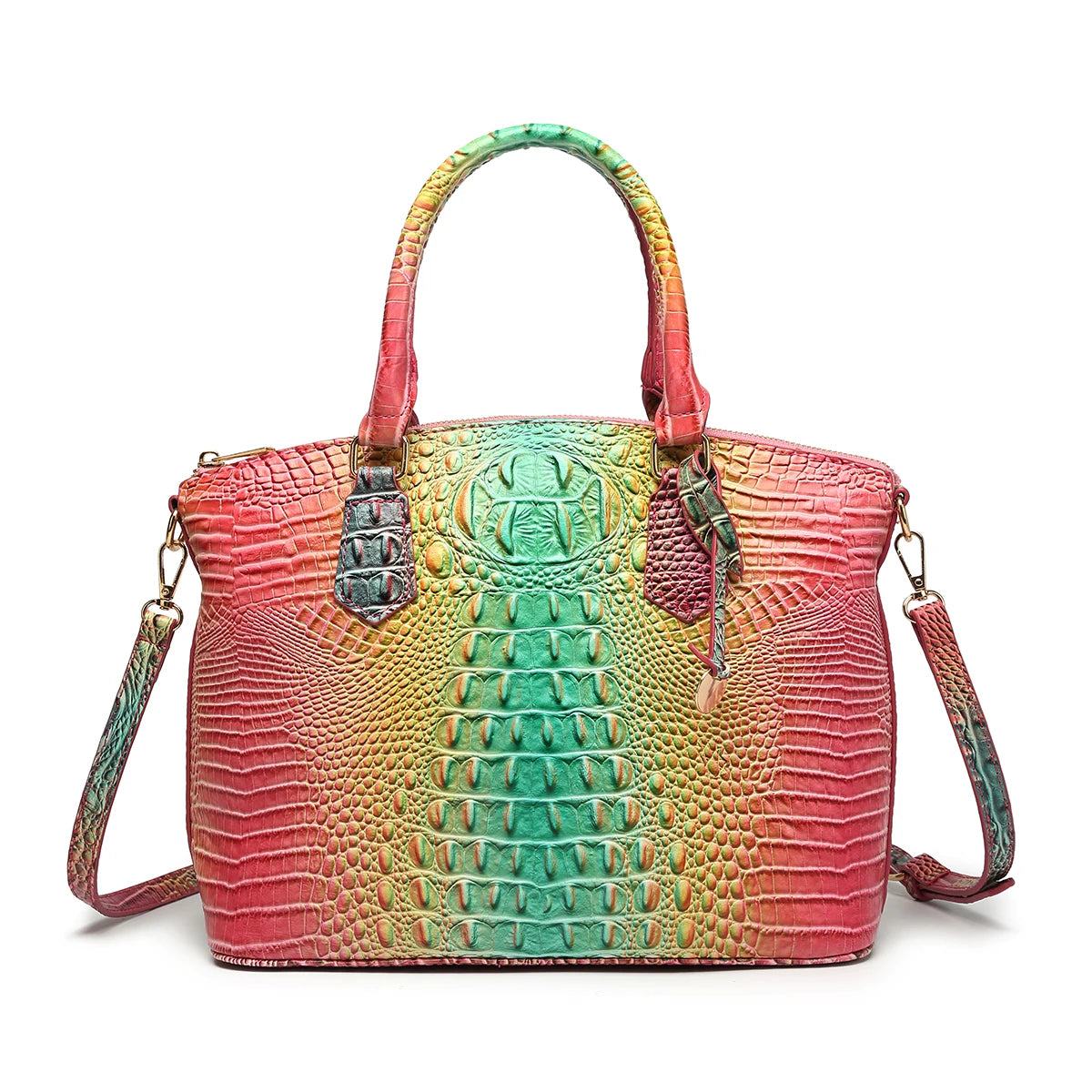 Royal blue and magenta convertible tote bag with embossed design for women, featuring a stylish and versatile accessory.