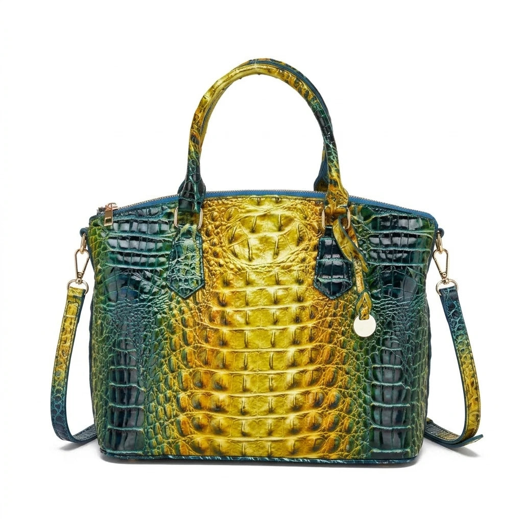 Royal blue and magenta women's tote bag with embossed design, convertible style by Corporación Turística.