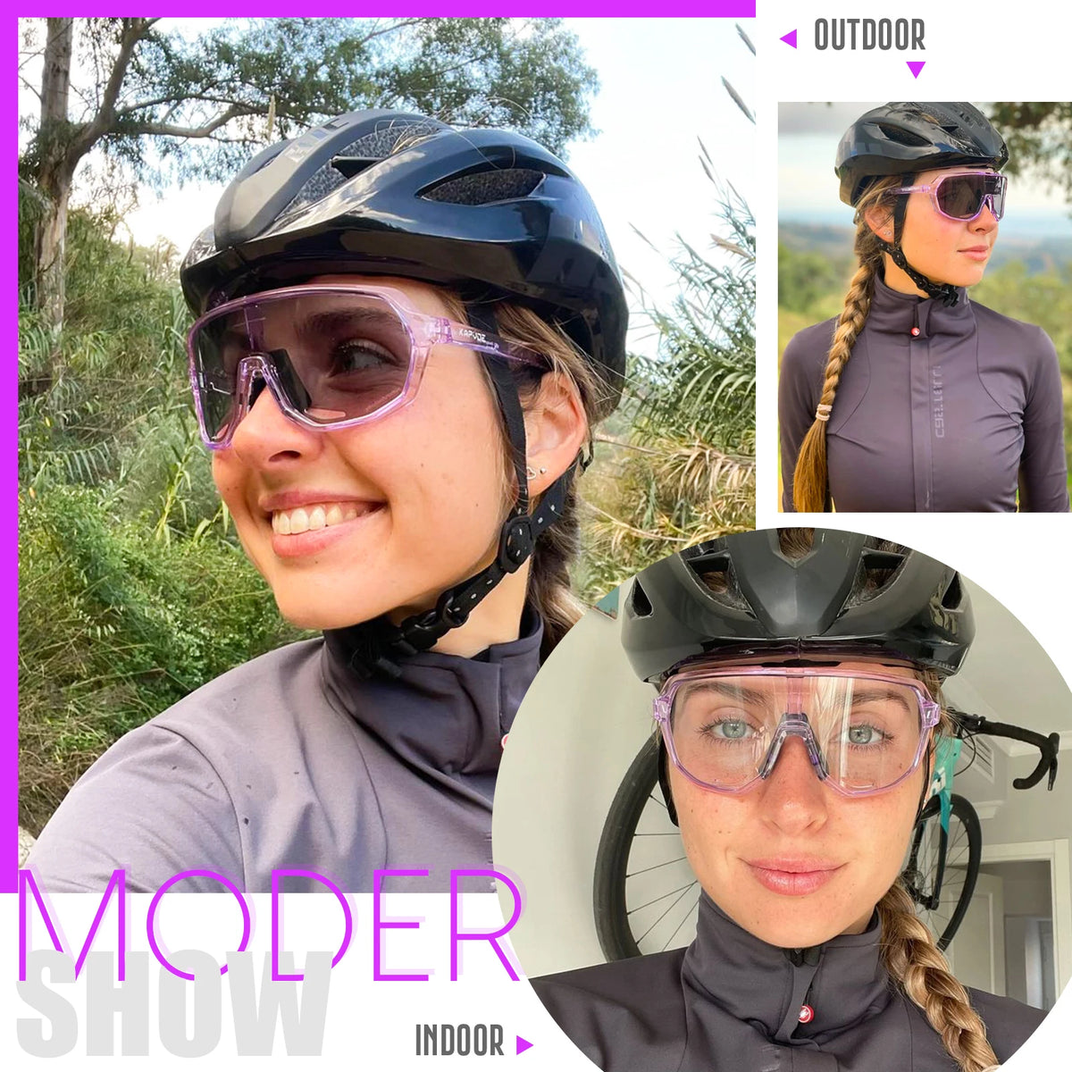 Photochromic cycling sunglasses SCVCN by Corporación Turística with tinted lenses for outdoor riding, no box, in natural outdoor setting.