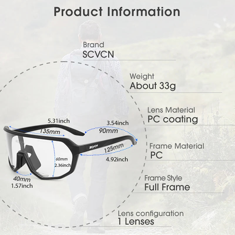 Photochromic cycling sunglasses from Corporación Turística with adjustable lenses for outdoor sports and sun protection.