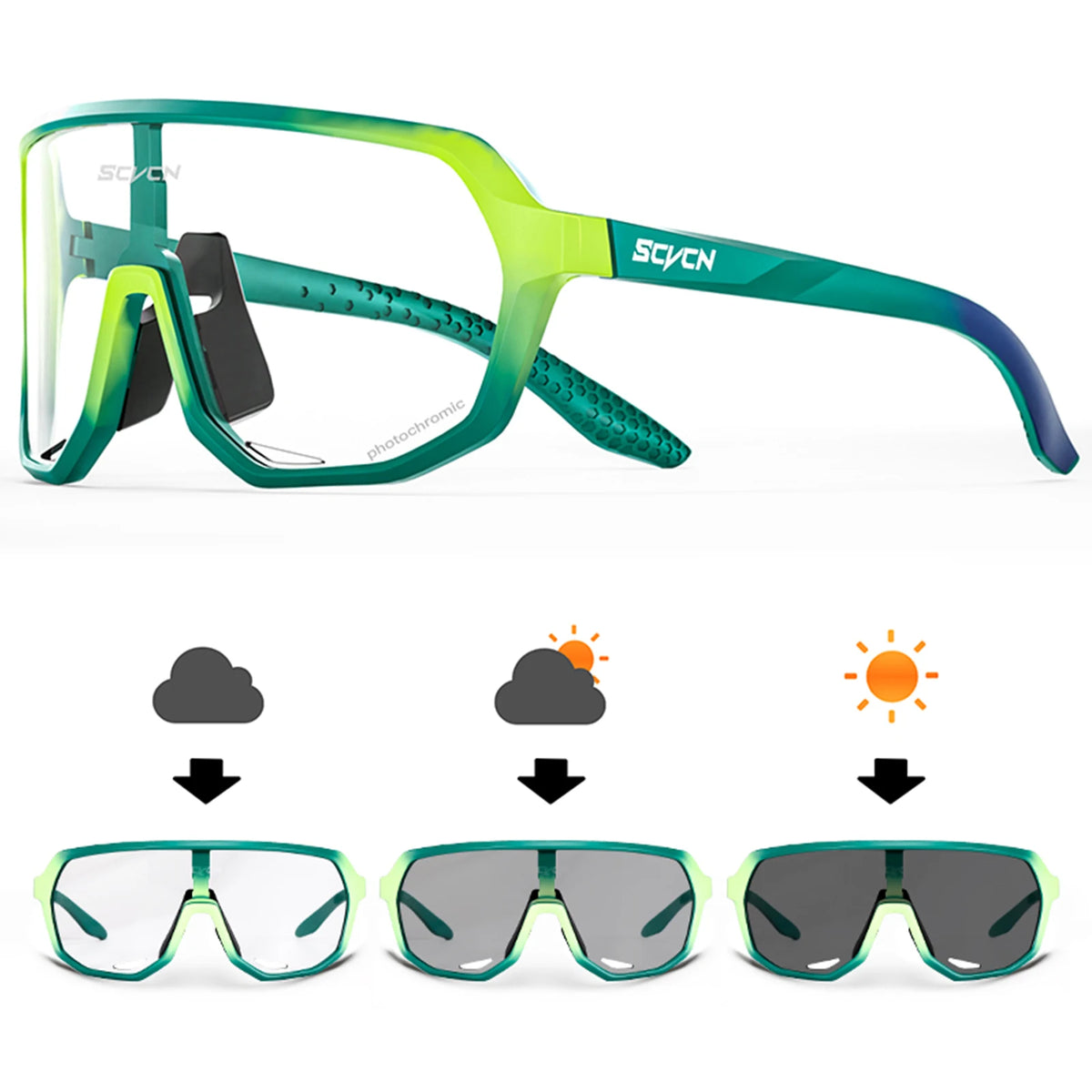 Photochromic cycling glasses from Corporación Turística with UV protection, designed for outdoor sports and cycling activities.